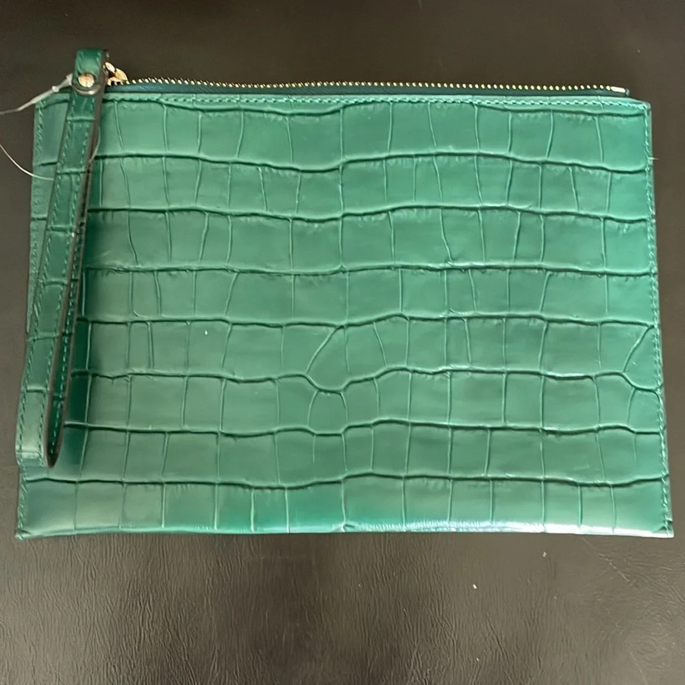 Michael Kors Jet Set Travel Croc Embossed Leather XL Zip Clutch LikeNew Emerald - Picture 6 of 6